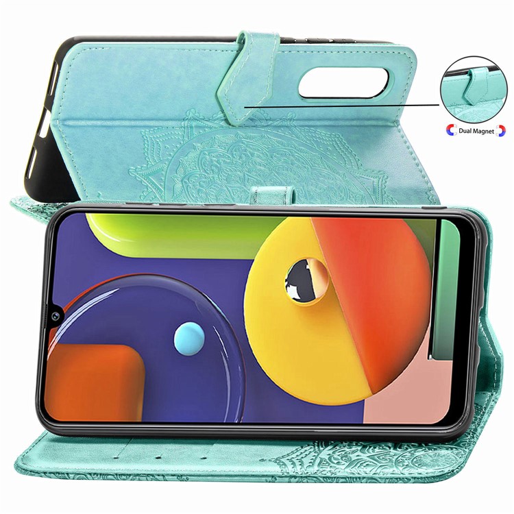 Embossed Mandala Flower Wallet Stand Leather Case for Samsung Galaxy A50s/A50/A30s - Cyan-9