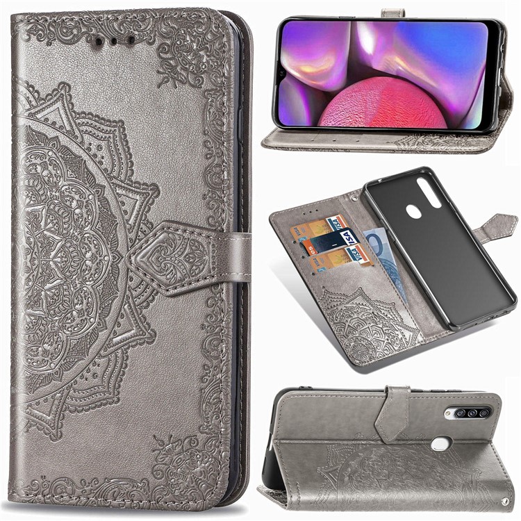 Embossed Mandala Flower Wallet Stand Leather Phone Case for Samsung Galaxy A20s - Grey