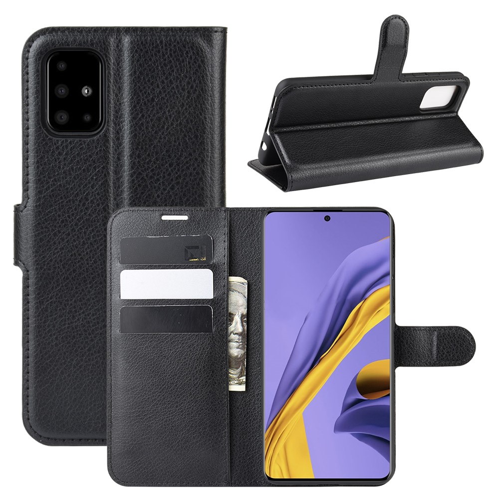 Litchi Skin Wallet Leather Stand Case for Samsung Galaxy A51 - Black-1