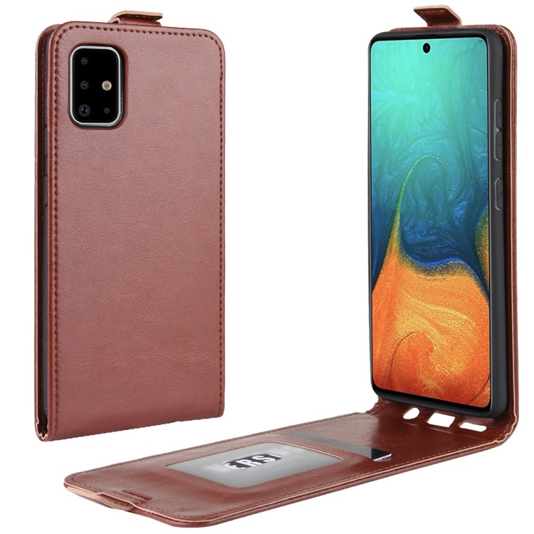 Pele Cavalo Louco PU Shell De Couro Verticais Aleta Para Samsung Galaxy A71 - Castanho-1