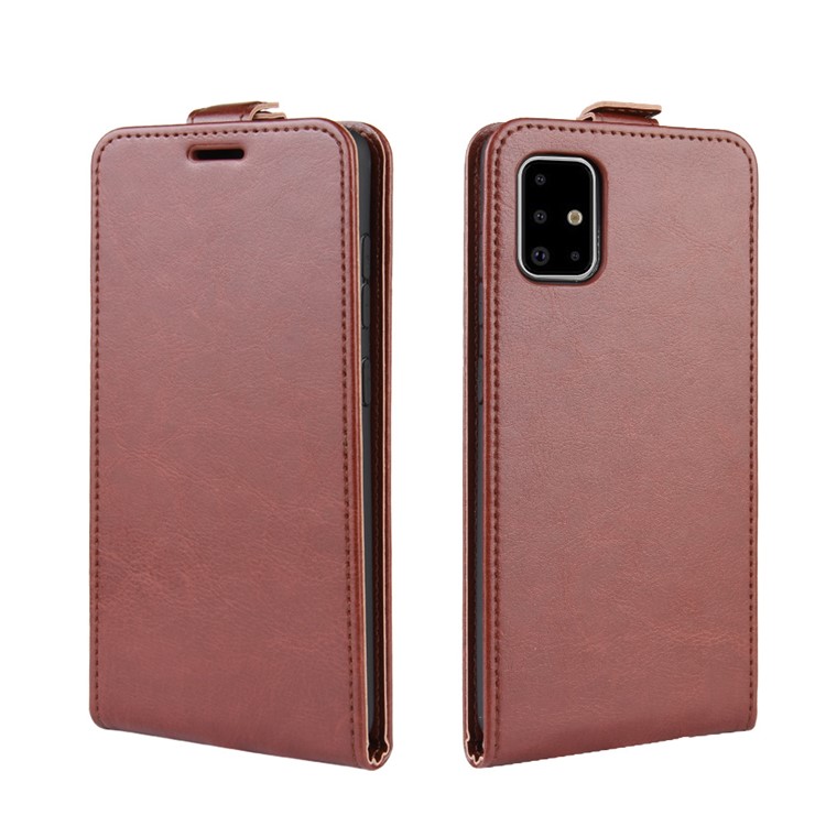 Pele Cavalo Louco PU Shell De Couro Verticais Aleta Para Samsung Galaxy A71 - Castanho-4