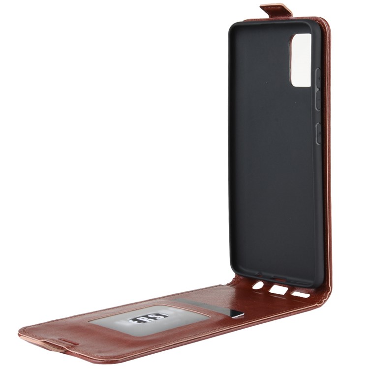 Pele Cavalo Louco PU Shell De Couro Verticais Aleta Para Samsung Galaxy A71 - Castanho-8