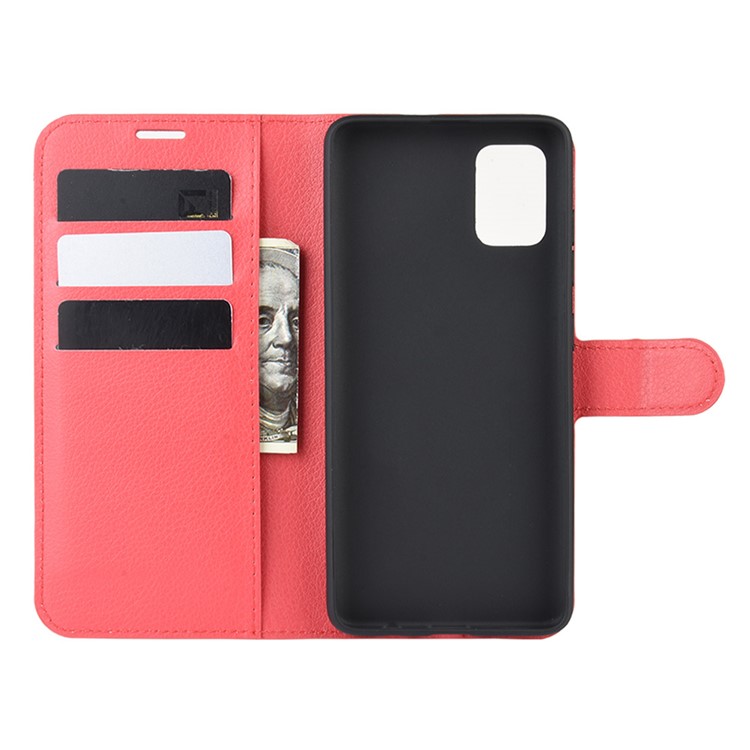 Litchi Skin Leather Cartlet Case Para Samsung Galaxy A71 Caixa de Telefone de Design de Suporte Ajustável - Vermelho