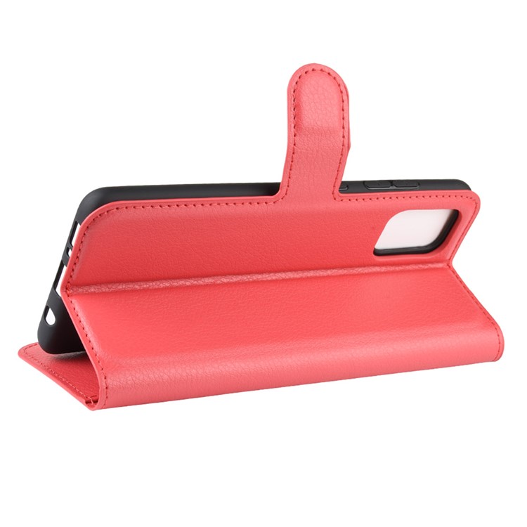 Litchi Skin Leder Brieftasche Hülle Für Samsung Galaxy A71 Verstellbarer Stand Design Telefonhülle - Rot