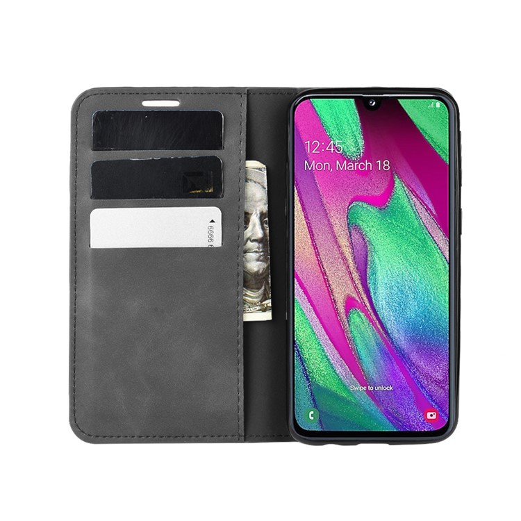 Silky Touch Leather Wallet Stand Case for Samsung Galaxy A40 - Black-4
