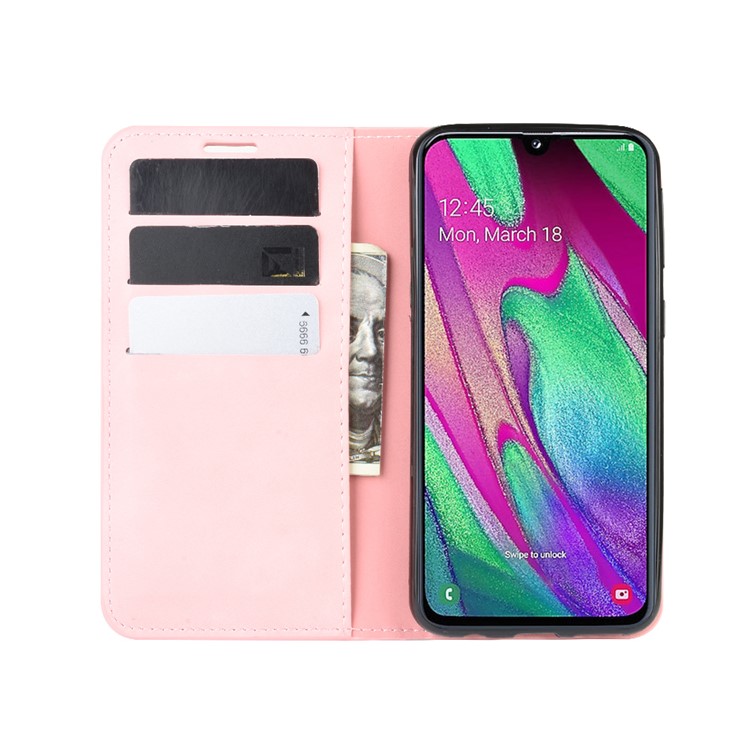 Silky Touch Leather Wallet Stand Case for Samsung Galaxy A40 - Pink-4