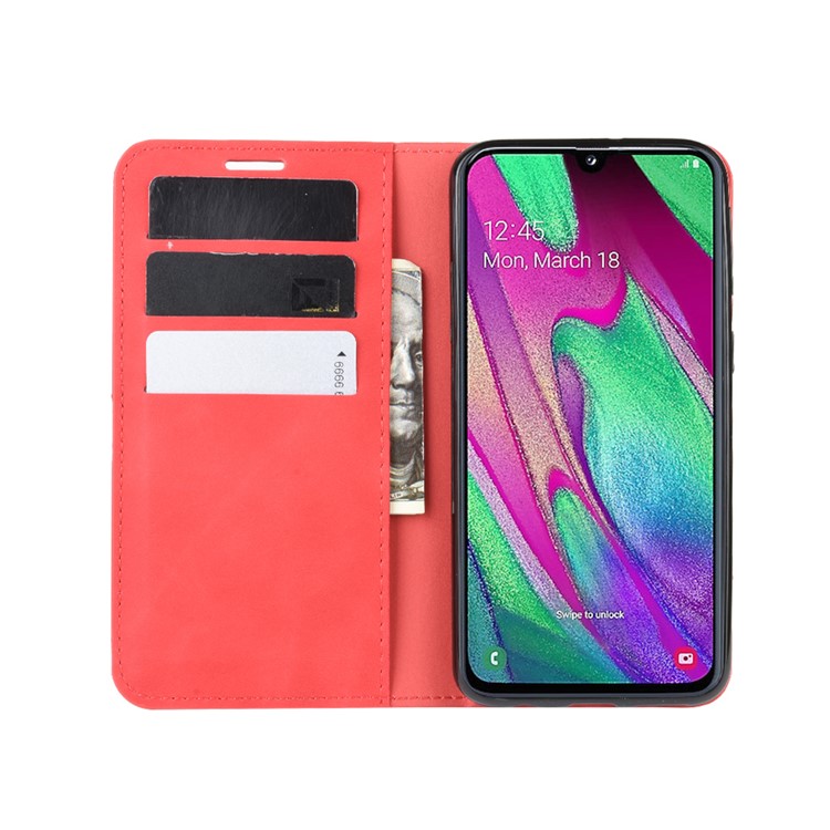 Silky Touch Leather Wallet Stand Case for Samsung Galaxy A40 - Red-4