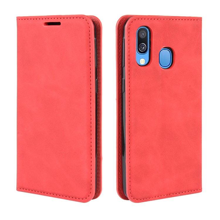 Silky Touch Leather Wallet Stand Case for Samsung Galaxy A40 - Red-7