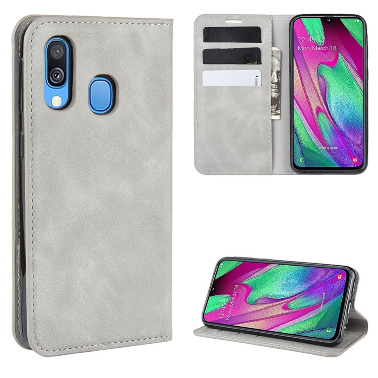 Silky Touch Leather Wallet Stand Case for Samsung Galaxy A40 - Grey-1