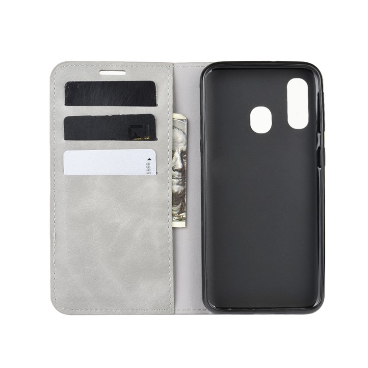 Silky Touch Leather Wallet Stand Case for Samsung Galaxy A40 - Grey-3