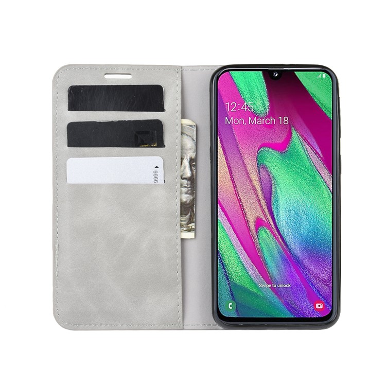 Silky Touch Leather Wallet Stand Case for Samsung Galaxy A40 - Grey-4
