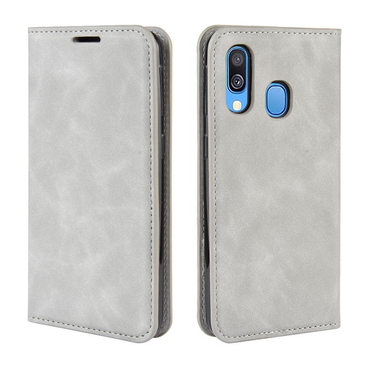 Silky Touch Leather Wallet Stand Case for Samsung Galaxy A40 - Grey-7