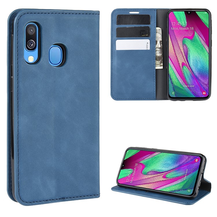 Silky Touch Leather Wallet Stand Case for Samsung Galaxy A40 - Blue-1