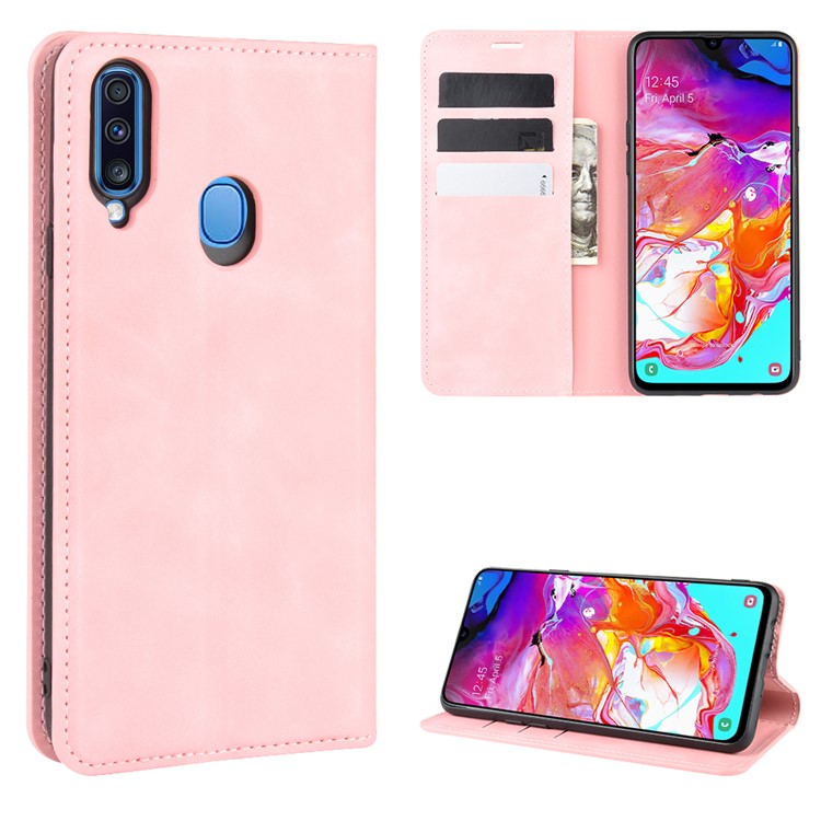 Silky Touch Leather Wallet Stand Case for Samsung Galaxy A20s - Pink-1