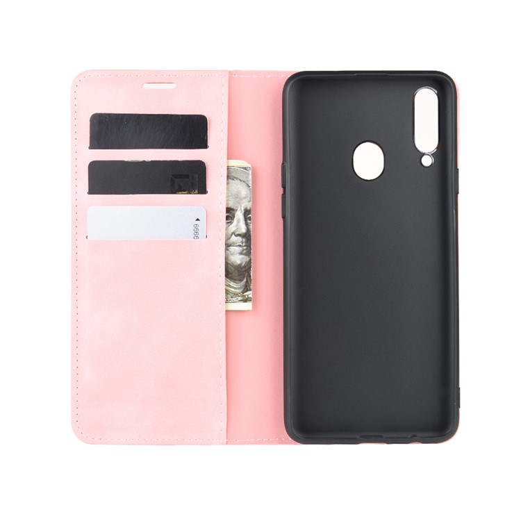 Silky Touch Leather Wallet Stand Case for Samsung Galaxy A20s - Pink-3