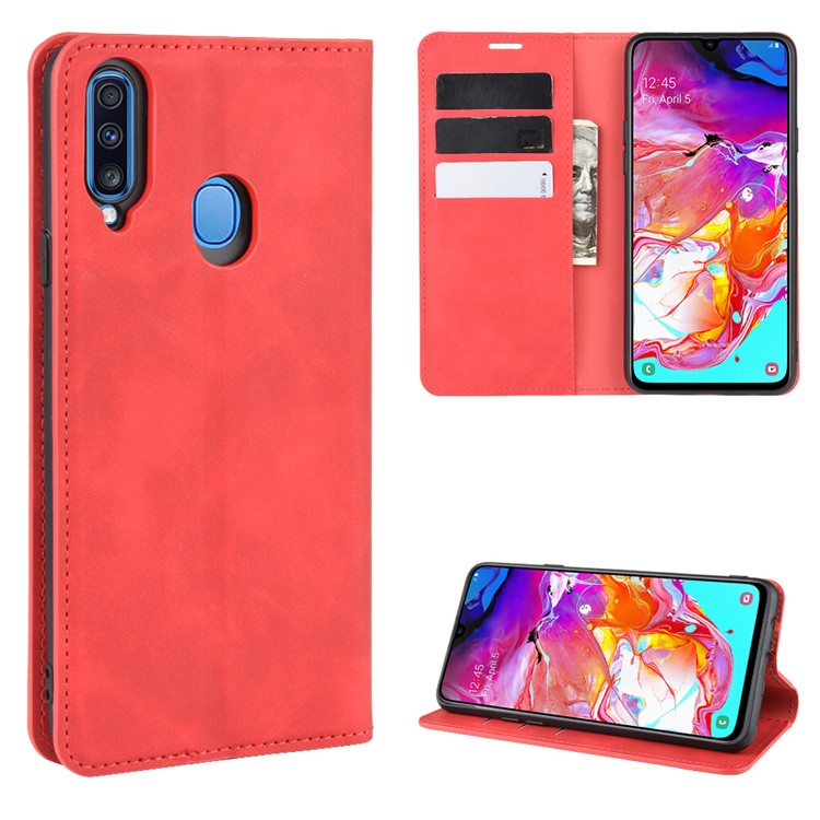 Silky Touch Leather Wallet Stand Case for Samsung Galaxy A20s - Red-1