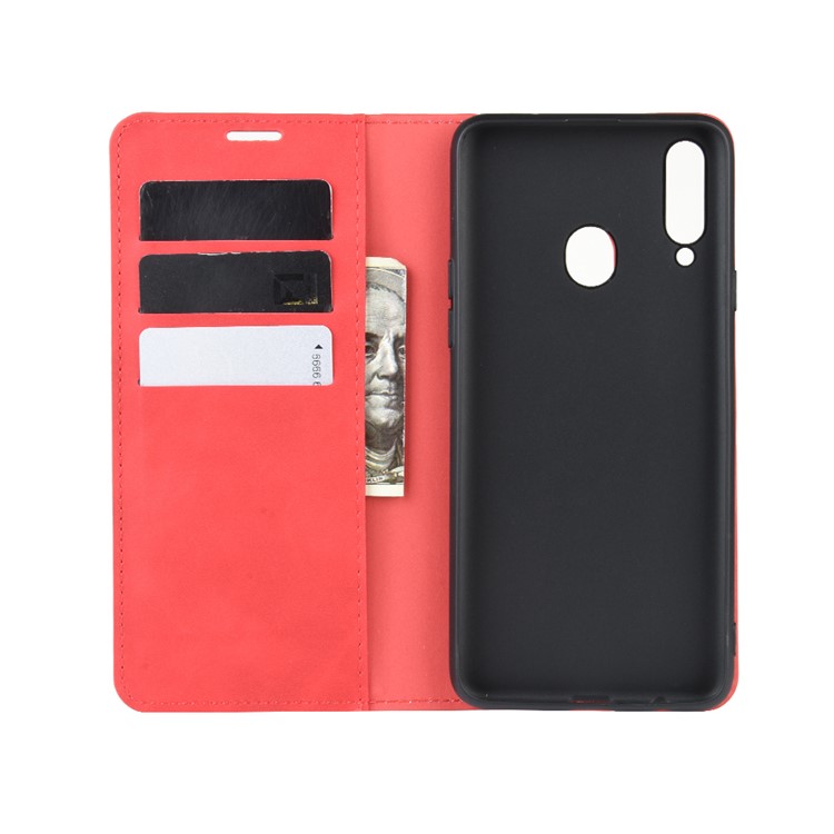 Silky Touch Leather Wallet Stand Case for Samsung Galaxy A20s - Red-3