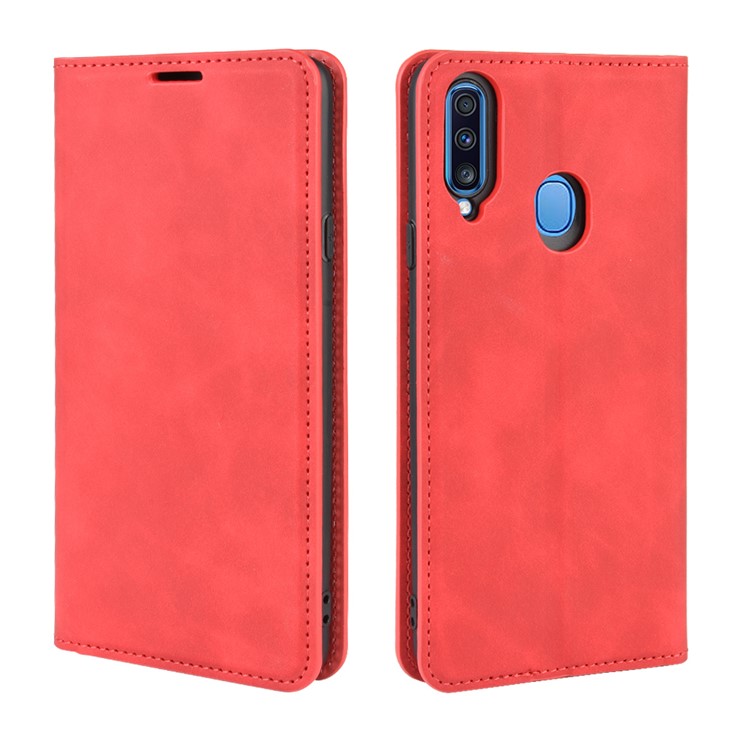 Silky Touch Leather Wallet Stand Case for Samsung Galaxy A20s - Red-7