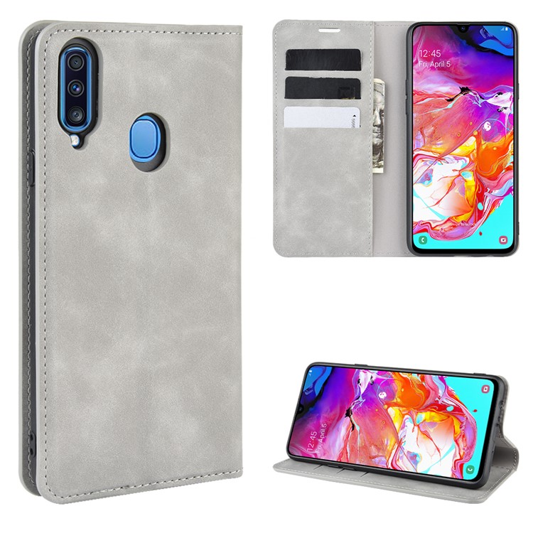 Silky Touch Leather Wallet Stand Case for Samsung Galaxy A20s - Grey-1