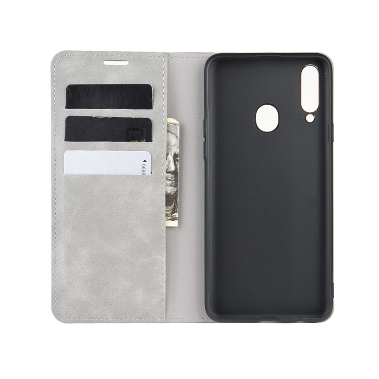Silky Touch Leather Wallet Stand Case for Samsung Galaxy A20s - Grey-3