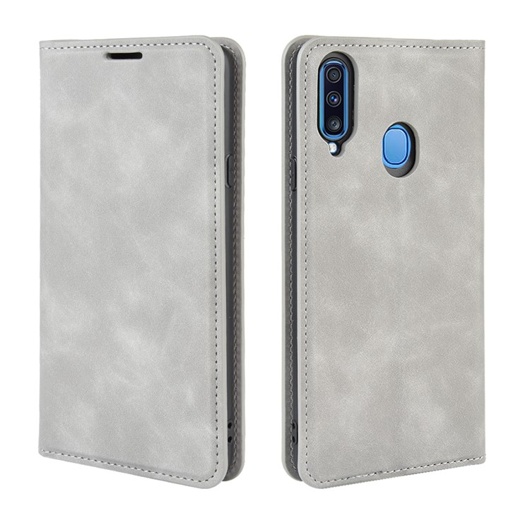Silky Touch Leather Wallet Stand Case for Samsung Galaxy A20s - Grey-7