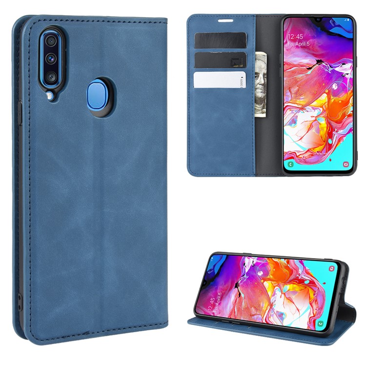 Silky Touch Leather Wallet Stand Case for Samsung Galaxy A20s - Blue-1