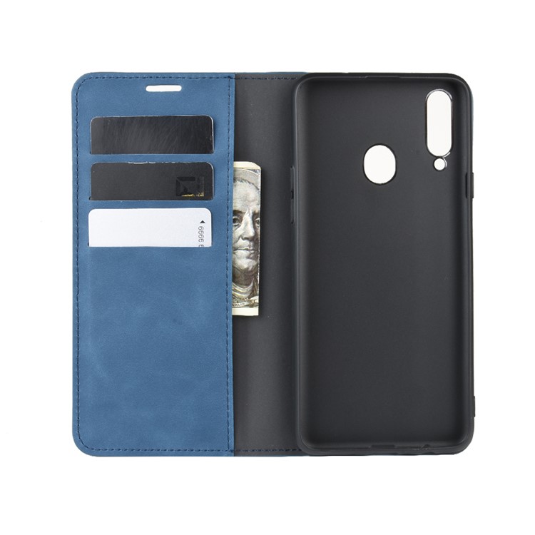 Silky Touch Leather Wallet Stand Case for Samsung Galaxy A20s - Blue-3