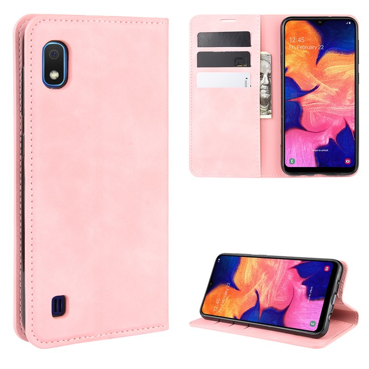 Silky Touch Leather Wallet Shell Case for Samsung Galaxy A10 - Pink-1