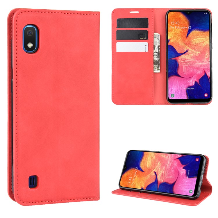 Silky Touch Leather Wallet Shell Case for Samsung Galaxy A10 - Red-1