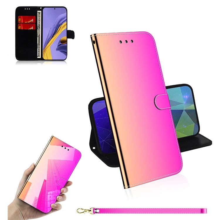 Mirror-like Surface Leather Wallet Cell Phone Case with Strap for Samsung Galaxy A51 - Rose-1