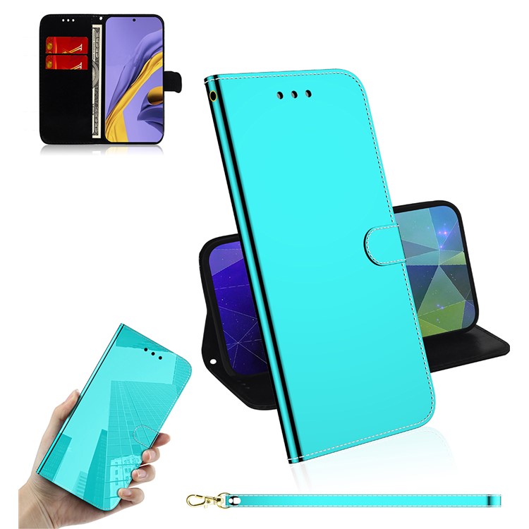 Mirror-like Surface Leather Wallet Cell Phone Case with Strap for Samsung Galaxy A51 - Cyan-1