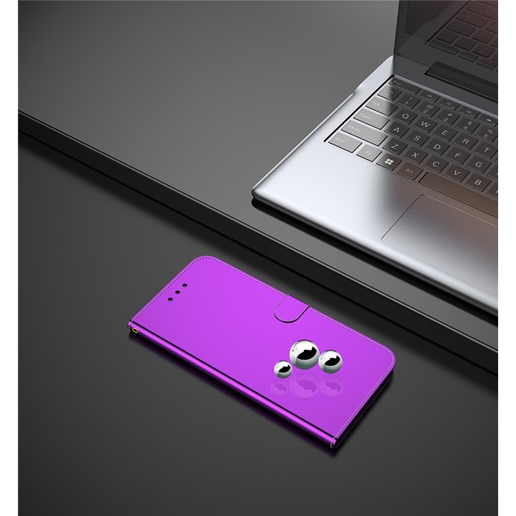 Mirror-like Surface Leather Wallet Cell Phone Case with Strap for Samsung Galaxy A51 - Purple-10