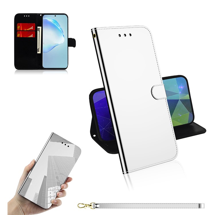 Mirror Surface Leather Wallet Phone Case with Strap for Samsung Galaxy S20 Ultra - Silver-1