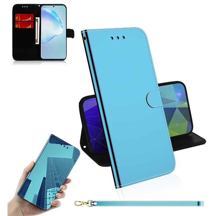 Mirror Surface Leather Wallet Phone Case with Strap for Samsung Galaxy S20 Ultra - Blue-1