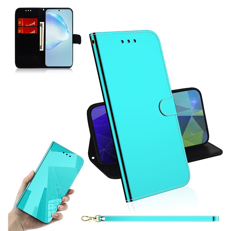 Mirror Surface Leather Wallet Phone Case with Strap for Samsung Galaxy S20 Ultra - Cyan-1