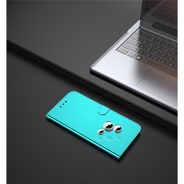 Mirror Surface Leather Wallet Phone Case with Strap for Samsung Galaxy S20 Ultra - Cyan-10