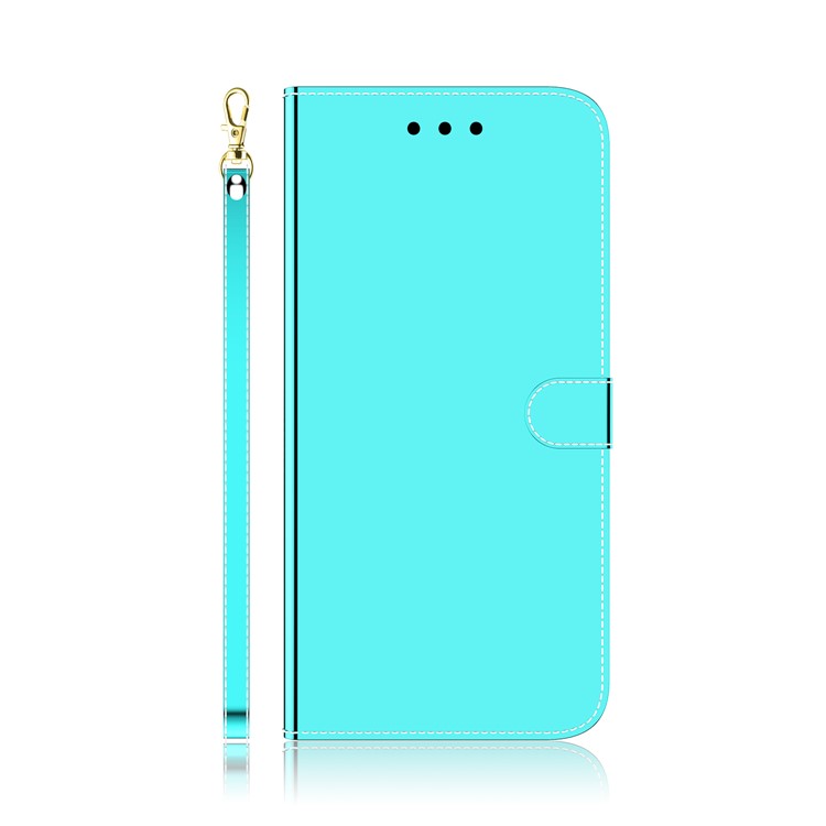 Mirror Surface Leather Wallet Phone Case with Strap for Samsung Galaxy S20 Ultra - Cyan-2