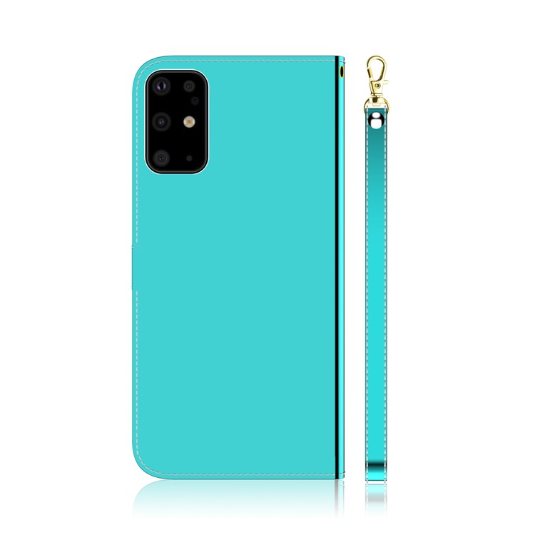 Mirror Surface Leather Wallet Phone Case with Strap for Samsung Galaxy S20 Ultra - Cyan-3
