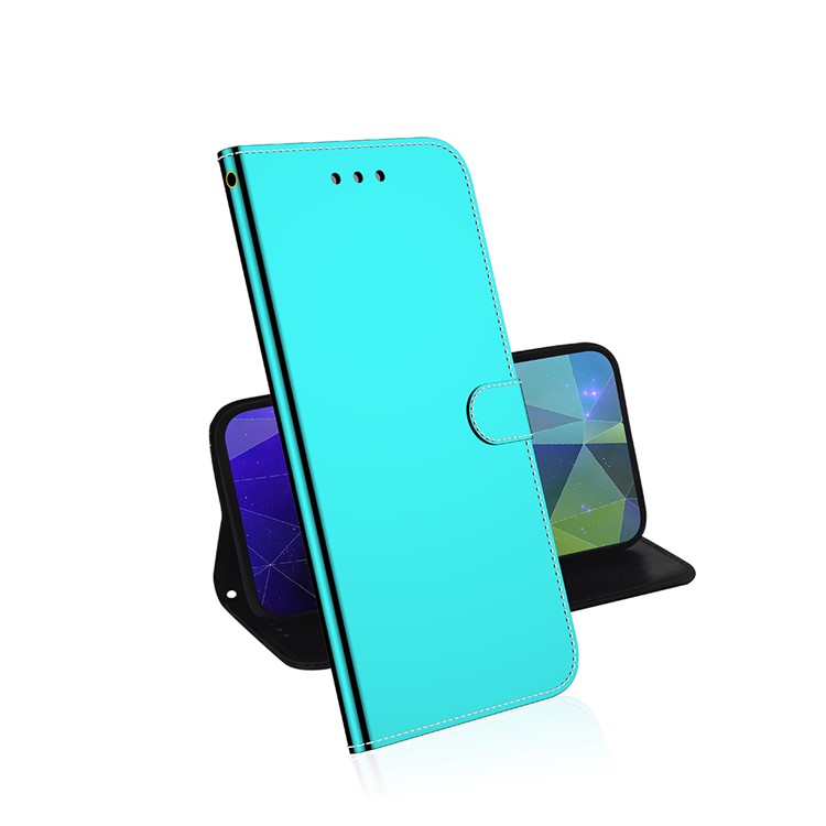 Mirror Surface Leather Wallet Phone Case with Strap for Samsung Galaxy S20 Ultra - Cyan-7