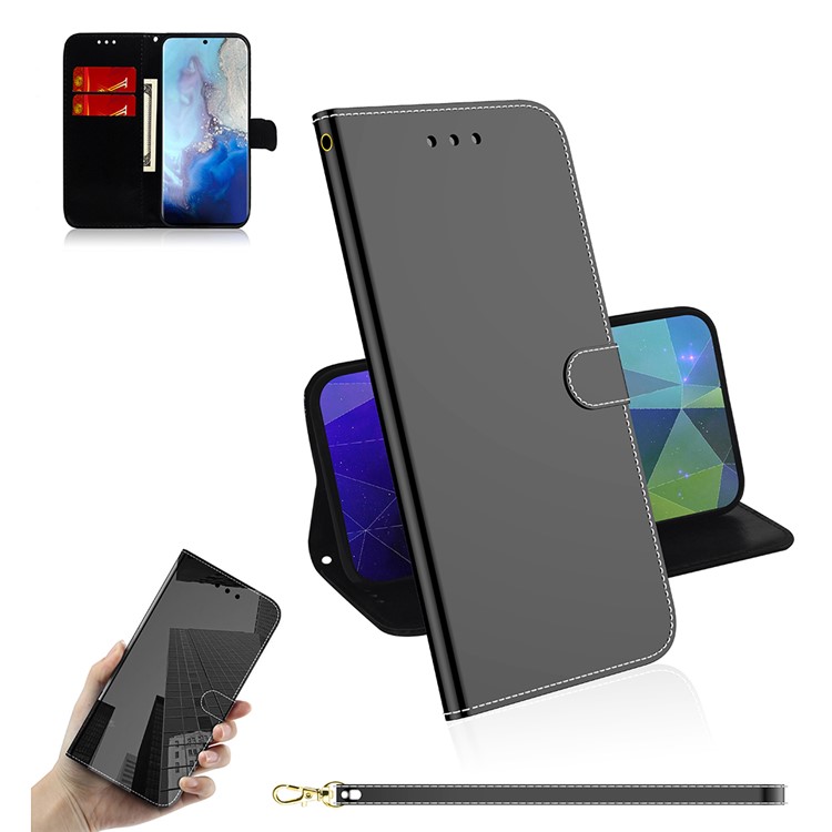 Mirror Surface Leather Wallet Stand Phone Cover for Samsung Galaxy S20 - Black-1