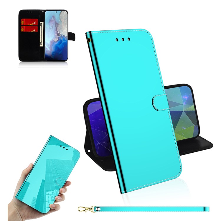 Mirror Surface Leather Wallet Stand Phone Cover for Samsung Galaxy S20 - Cyan-1