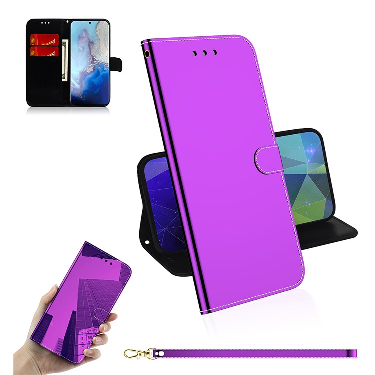 Mirror Surface Leather Wallet Stand Phone Cover for Samsung Galaxy S20 - Purple-1