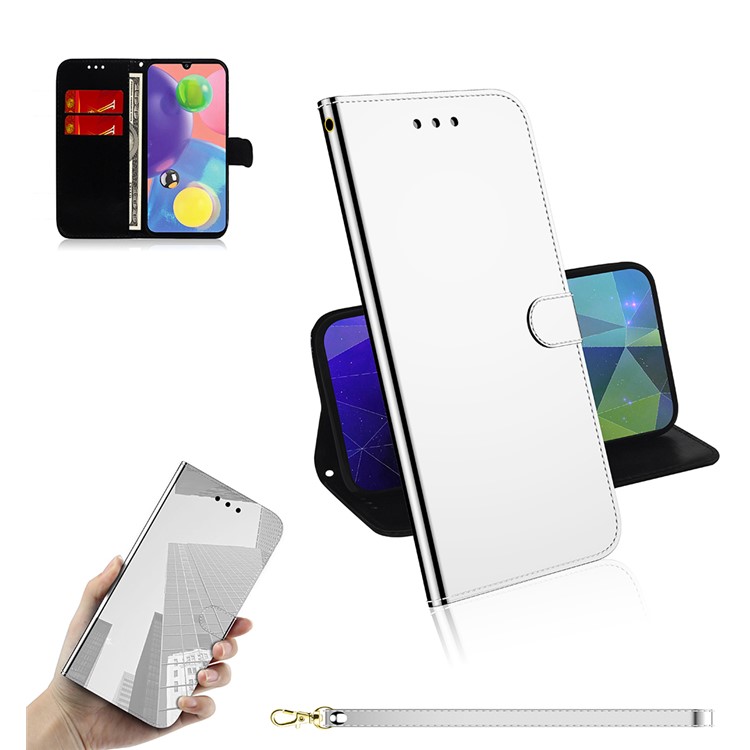 Mirror Surface Leather Wallet Stand Phone Cover for Samsung Galaxy A70s - Silver-1