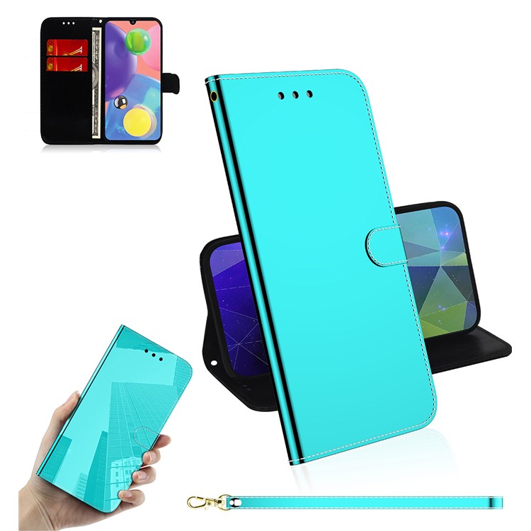 Mirror Surface Leather Wallet Stand Phone Cover for Samsung Galaxy A70s - Cyan-1