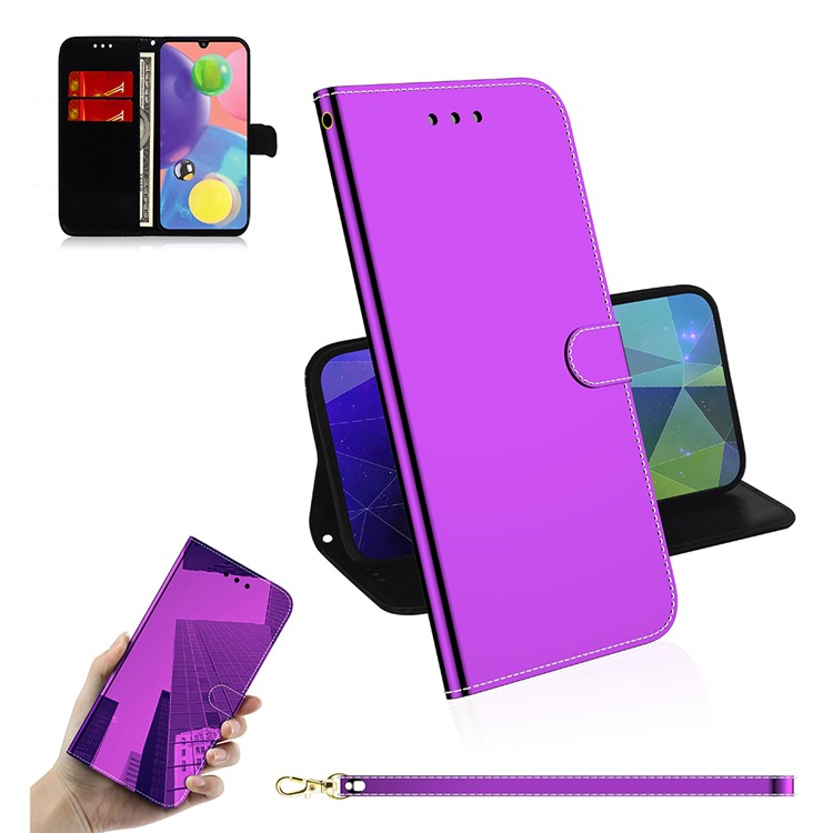 Mirror Surface Leather Wallet Stand Phone Cover for Samsung Galaxy A70s - Purple-1