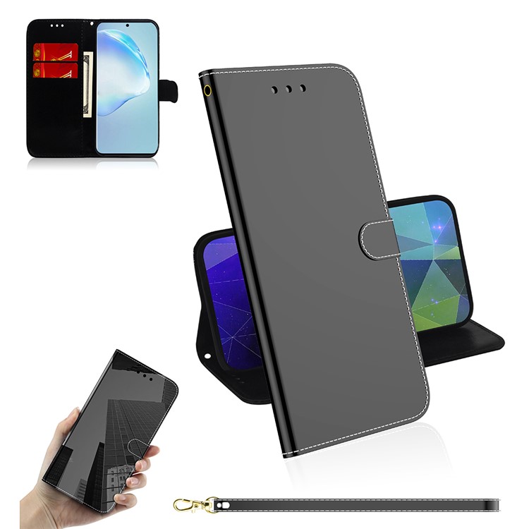 Mirror Surface Leather Wallet Case with Strap for Samsung Galaxy S20 Plus - Black-1