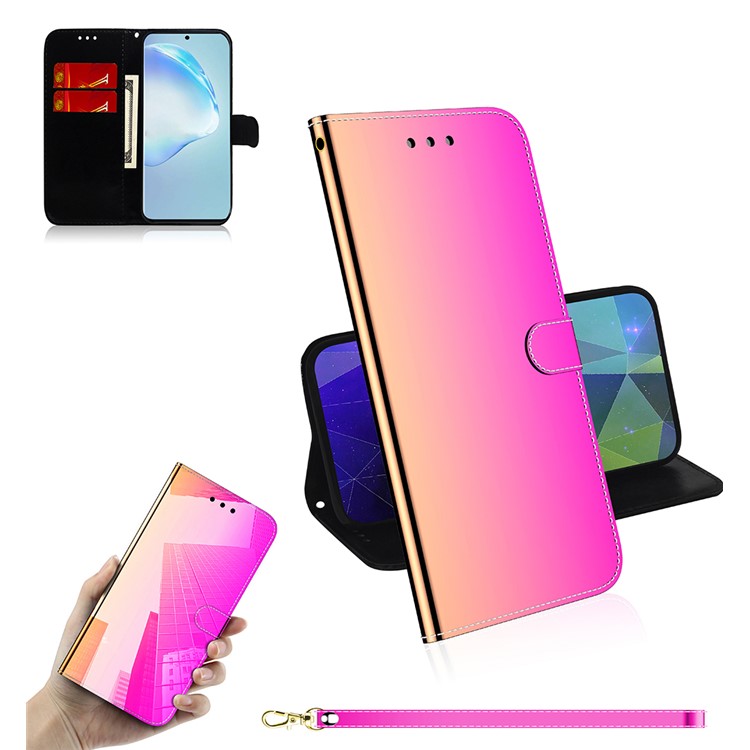 Mirror Surface Leather Wallet Case with Strap for Samsung Galaxy S20 Plus - Rose-1
