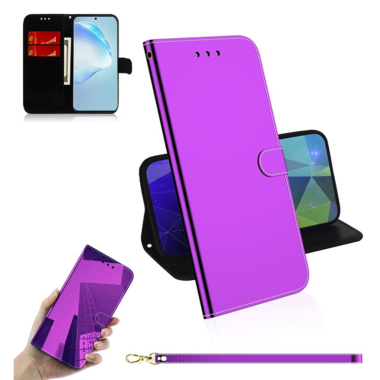 Mirror Surface Leather Wallet Case with Strap for Samsung Galaxy S20 Plus - Purple-1