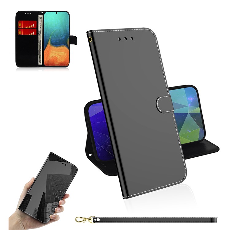 Mirror-like Surface Flip Leather Wallet Stand Phone Case for Samsung Galaxy A71 A715 - Black-1