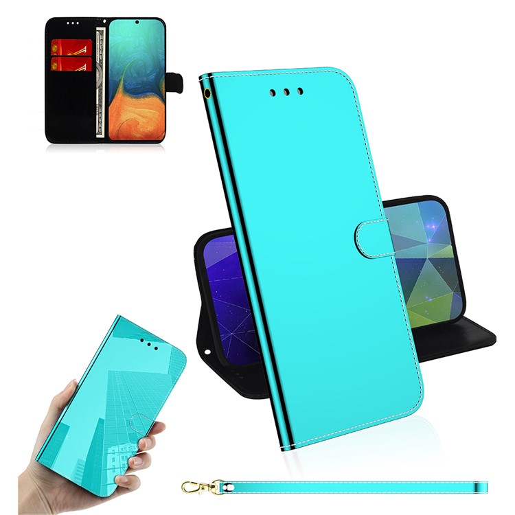 Espelho-como Superfície Carteira De Couro Caso De Telefone Estande Aleta Para Samsung Galaxy A71 - Ciano-1